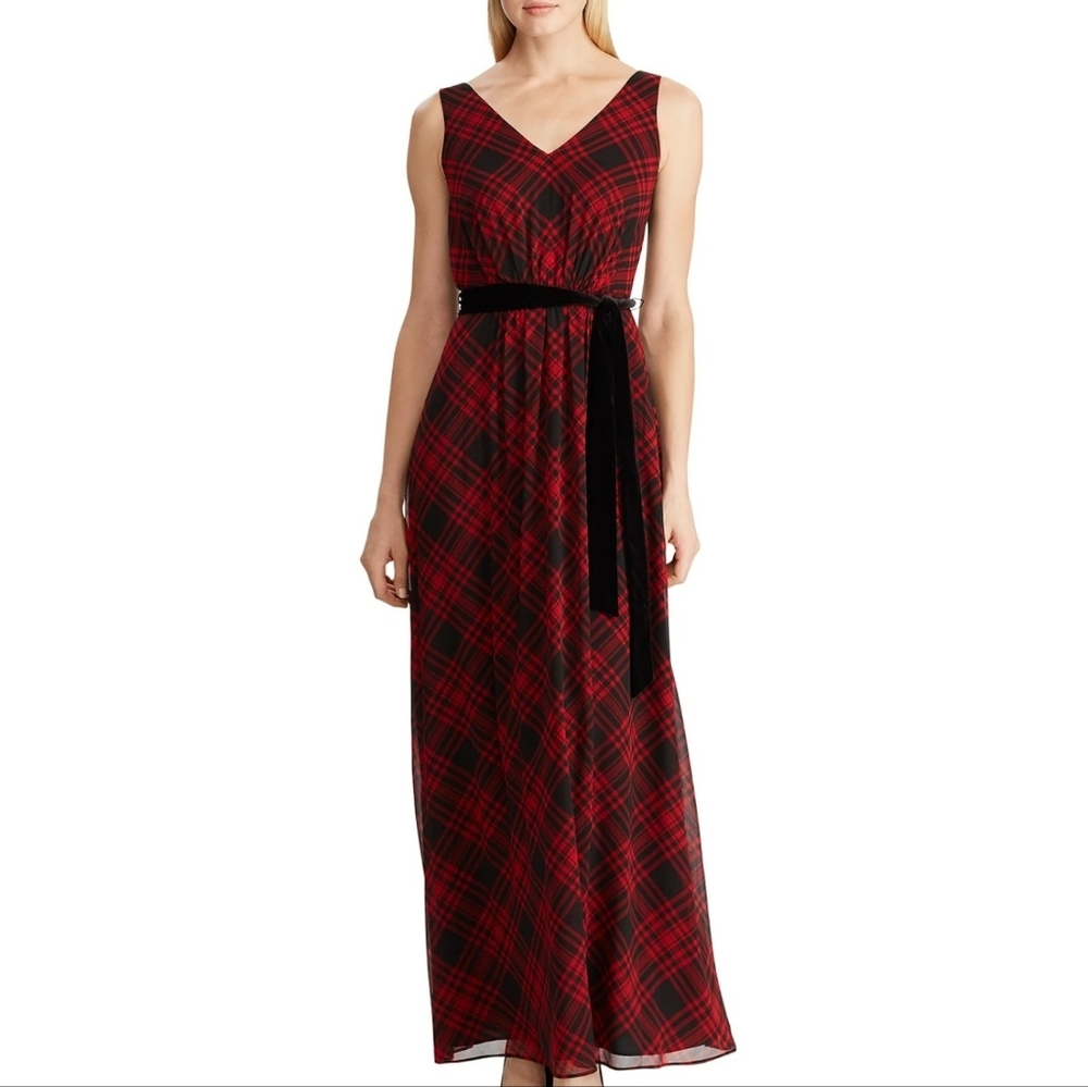 Ralph Lauren Womens Belted Plaid Sleeveless V Neck